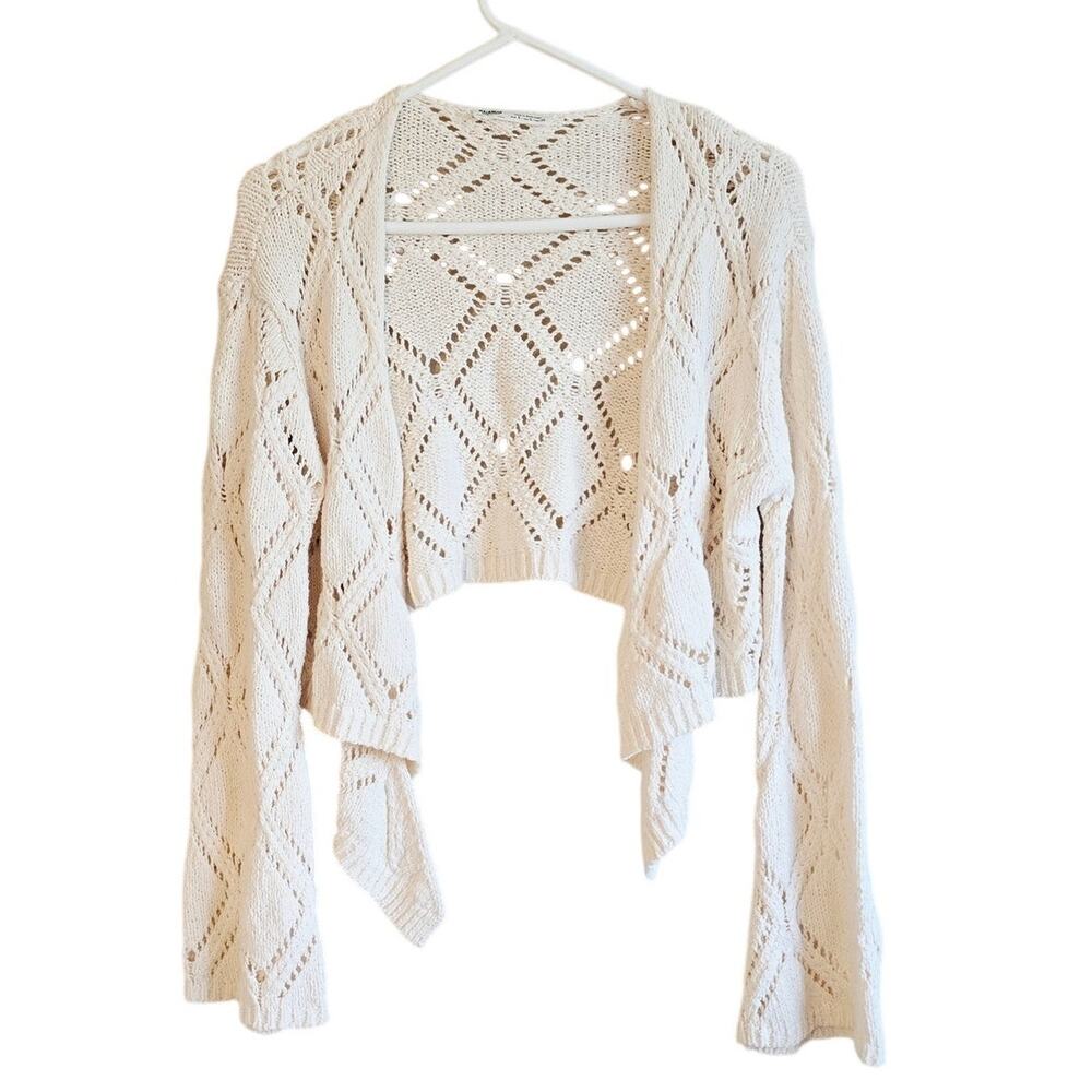 Pull&Bear cream loose knit waterfall front cropped cardigan size small